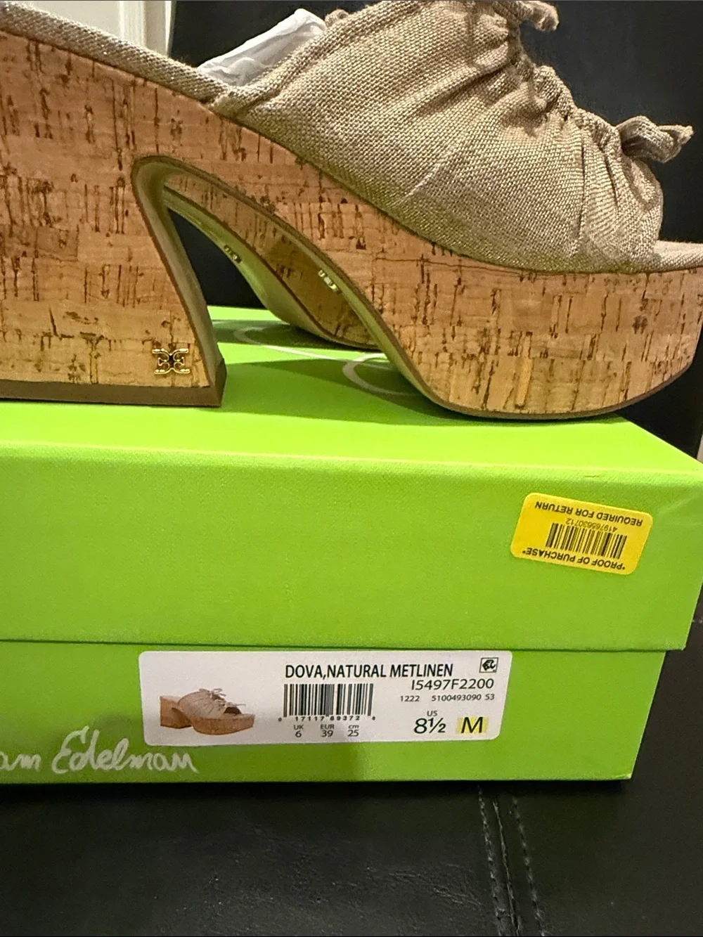 Sam Edelman Natural Beige Ruched Platform Mules with Cork Heel 8.5